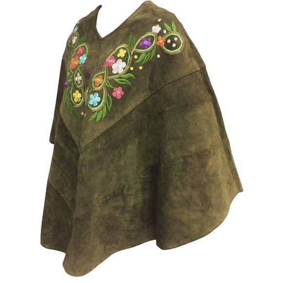Vtg Olive Green Suede Cape Poncho Embroidery flowers Boho Hippie Festival Retro - Picture 1 of 10